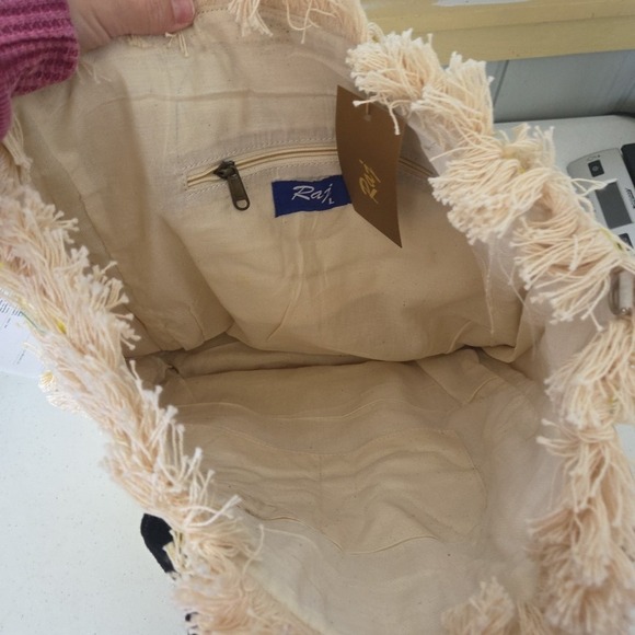 Raj Anthropology Yellow Black Fringe Embrodiered Leather Shoulder Bag Tote Purse - Picture 8 of 16